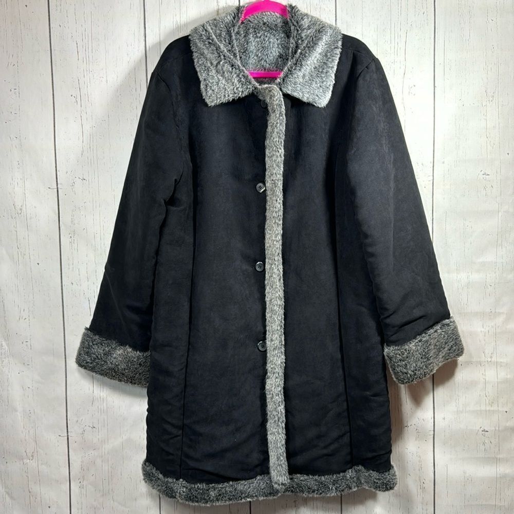 John Weitz Faux Shearling Coat Black Suede Gray Fur Lining Cozy Winter Jacket XL